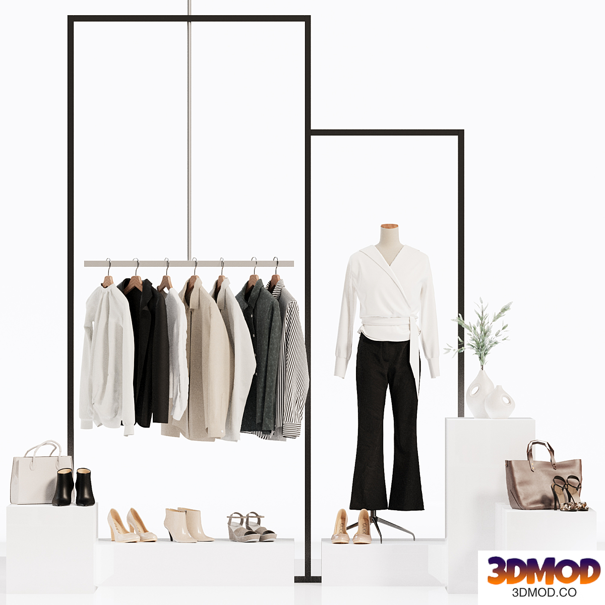 Clothes store showcase, mannequin, hanger, clothes, wardrobe