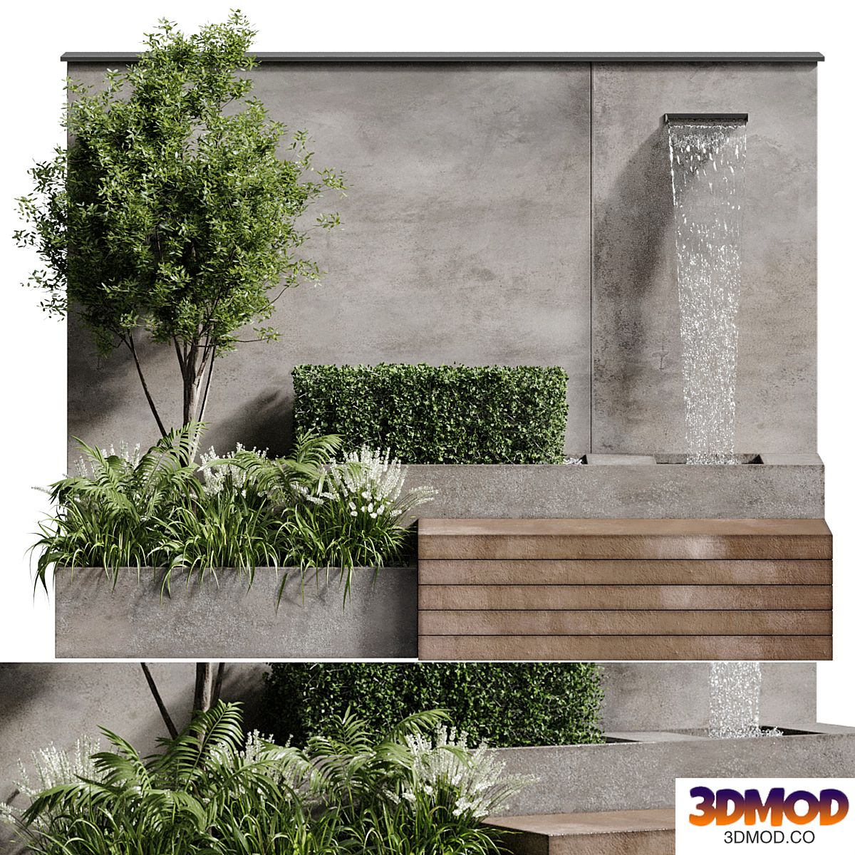 Fountain with bench and plant