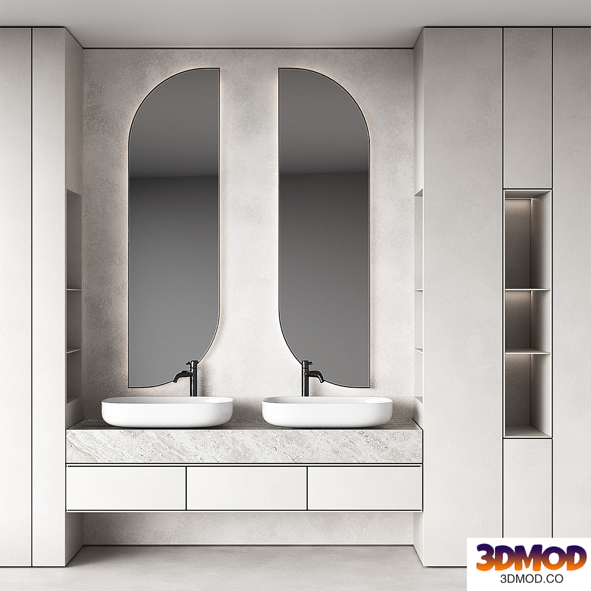 Bathroom set 7. Monochrome grey. Half-round semi-circle mirrors. Countertop sink.