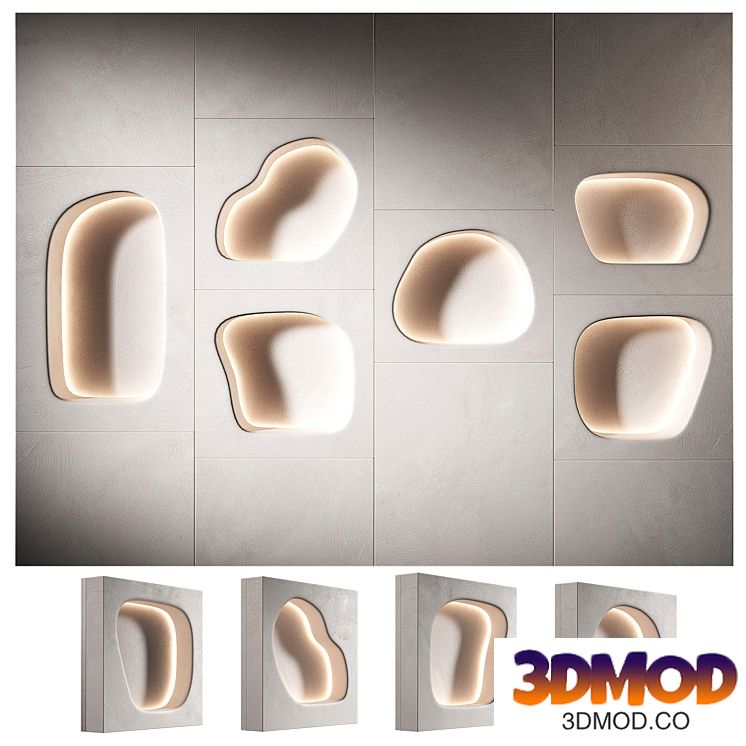 Modular niches in the wall with lighting. Built-in shelves