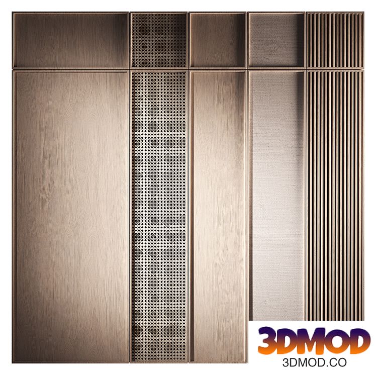 Set of cabinet fronts. Furniture for the wardrobe. Wooden facades with rattan slats, milled or fabric.