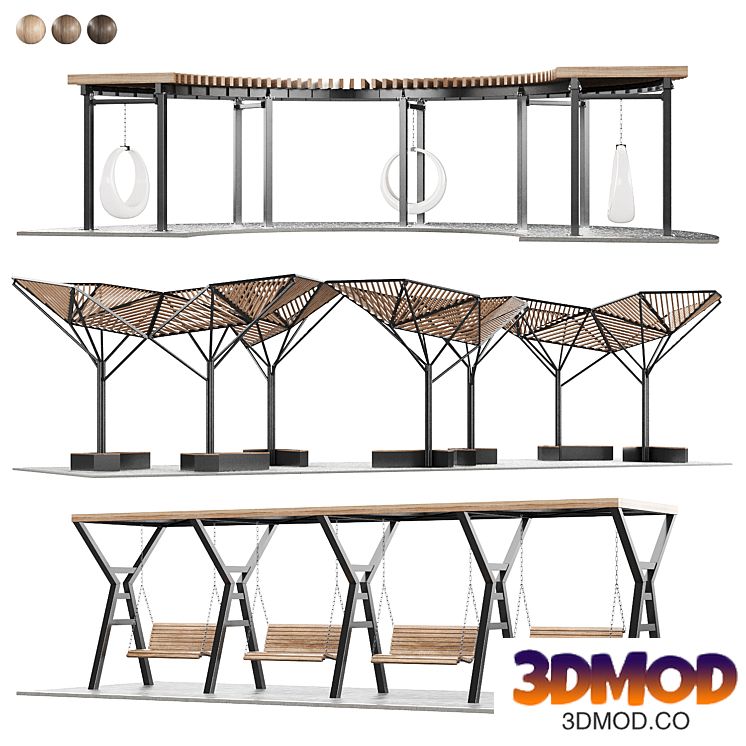 Set of pergolas (gazebos, canopies) with swings, benches 3