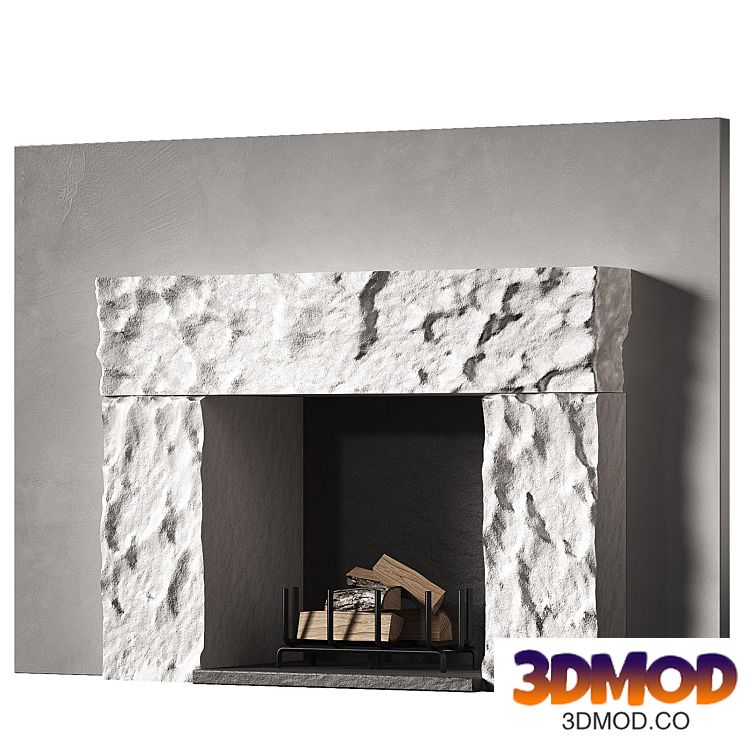 Fireplace 3 Rough stone white slabs Wooden logs