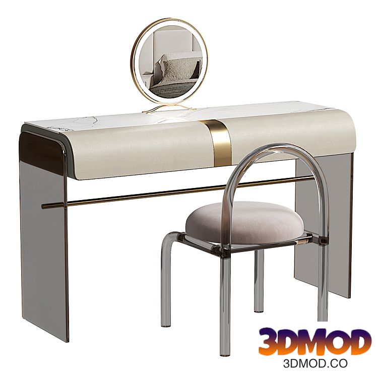 Trendy Standard Dressing Table with Stone Tabletop and Chalk Chair