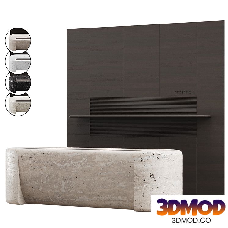 Reception "BA" in Travertine marble, Cararra, Nero Marquina, Forest