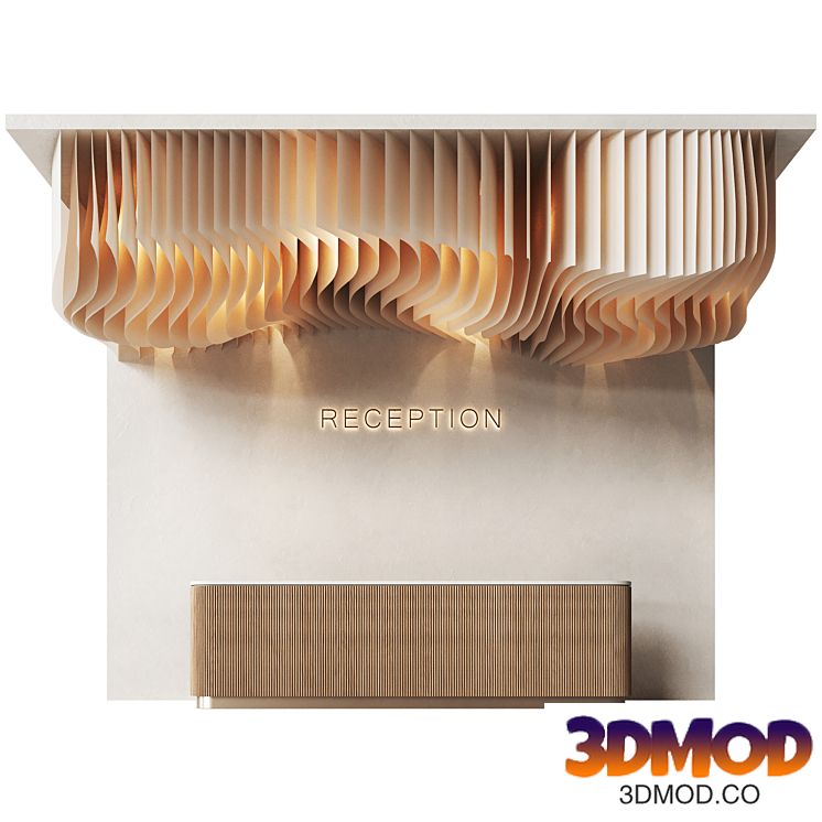 Reception desk is made of natural wood with a decorative ceiling