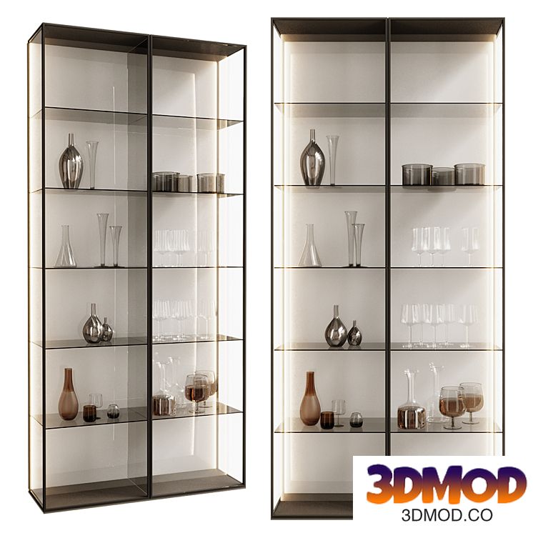Glass cabinet filled with plates glasses and wine bottles 04