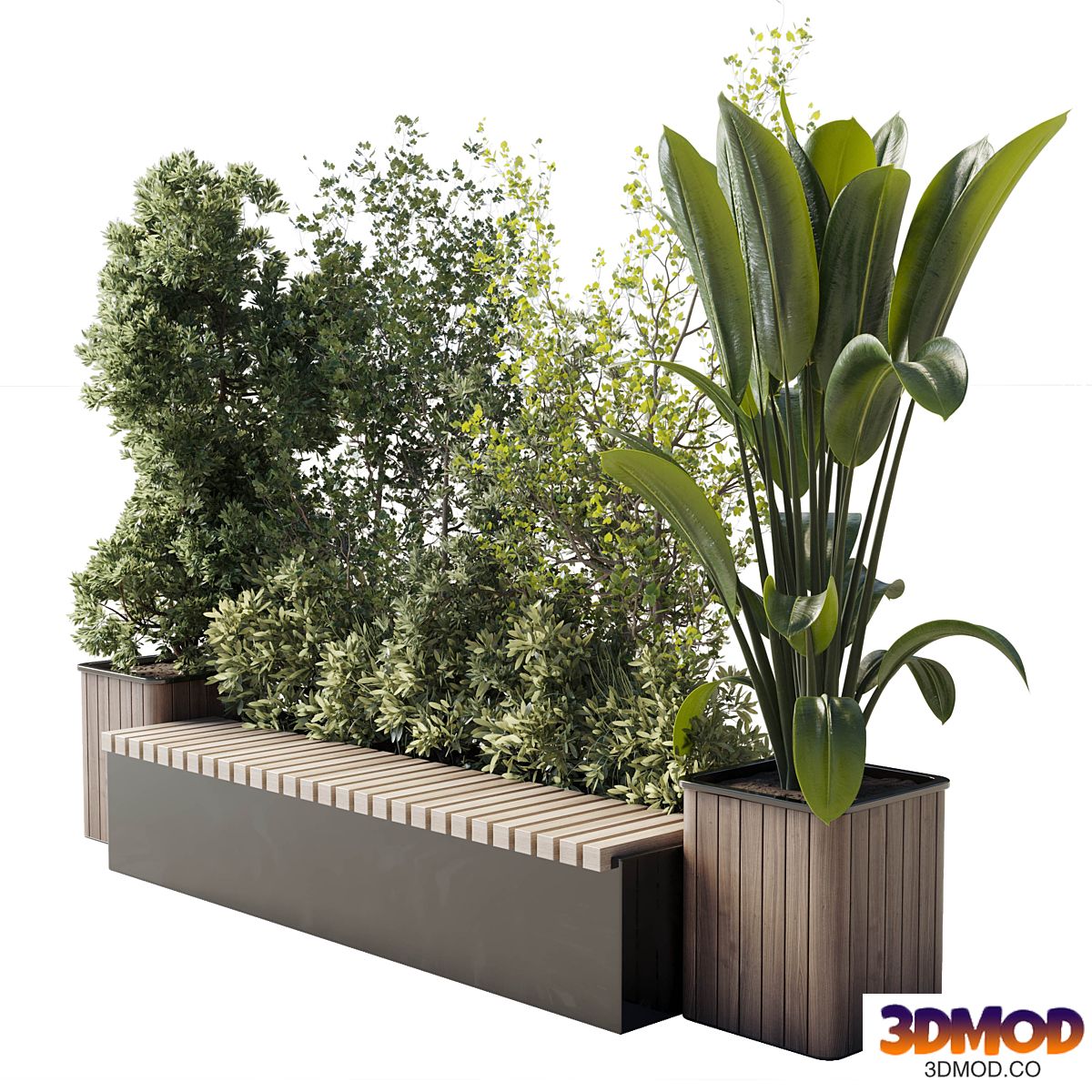 Urban Environment_Urban Furniture_Green Benches_Set Plants Tree 29