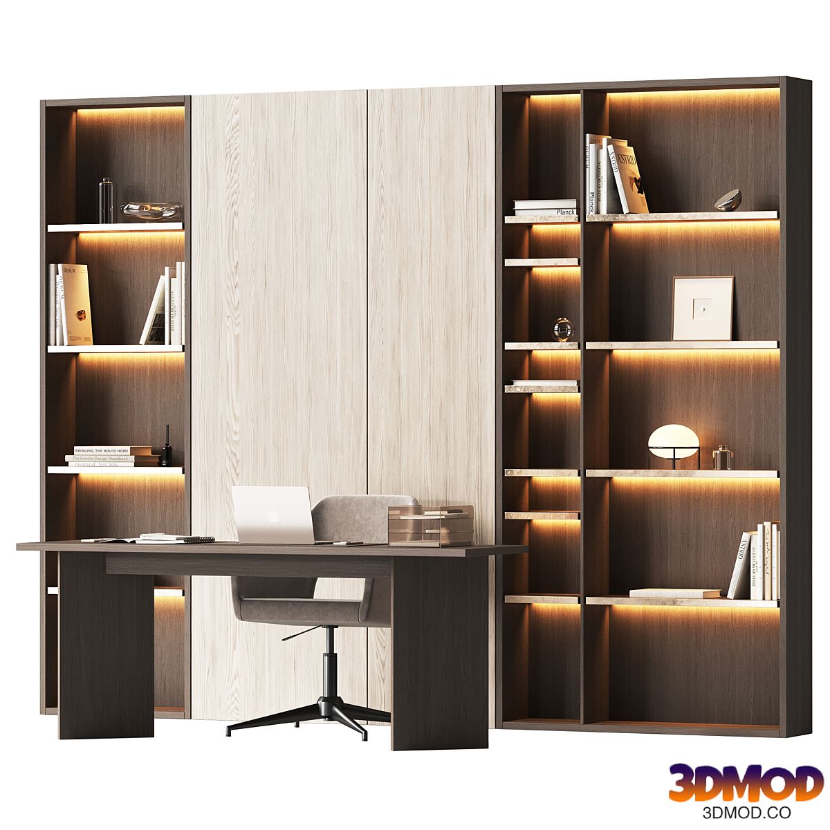 Workplace area with a shelving wall