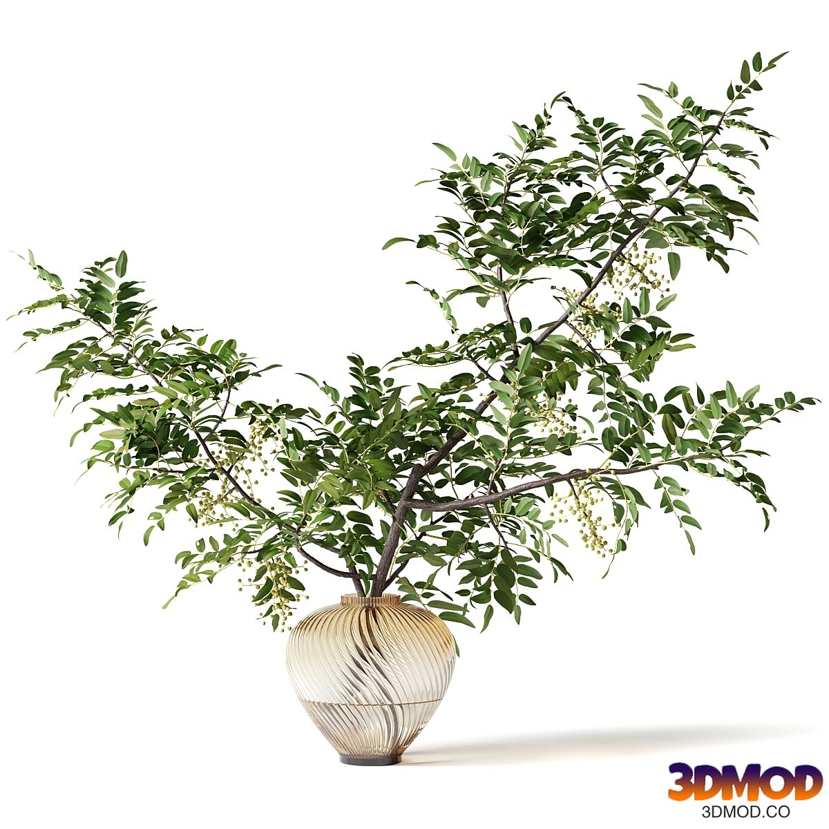 Bouquet with tree branches in a beautiful glass vase with ribs
