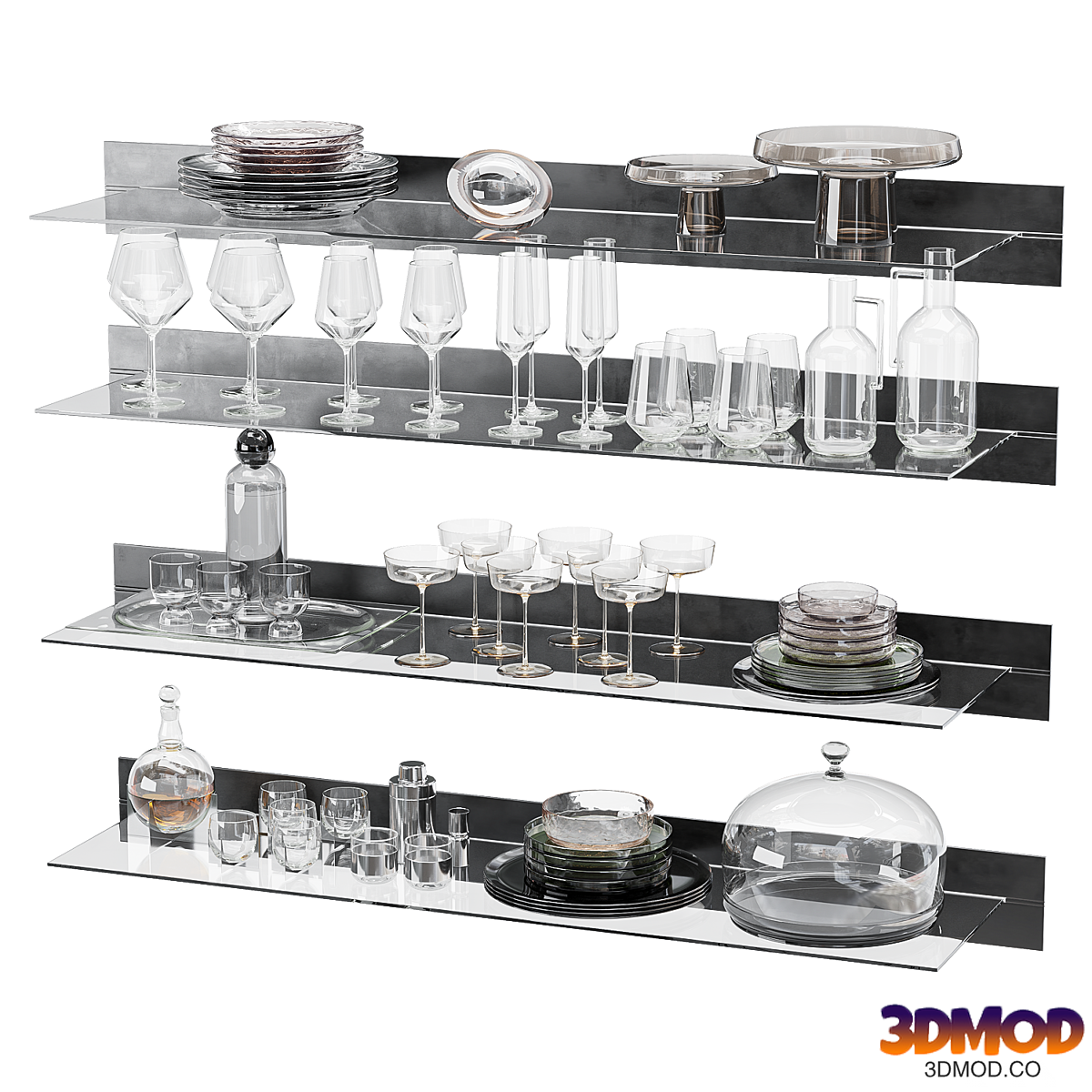 A set of dishes for filling the kitchen. Plates, salad bowls, glasses, glasses, shot glasses, decanters, shaker, nervous shot glass. #001