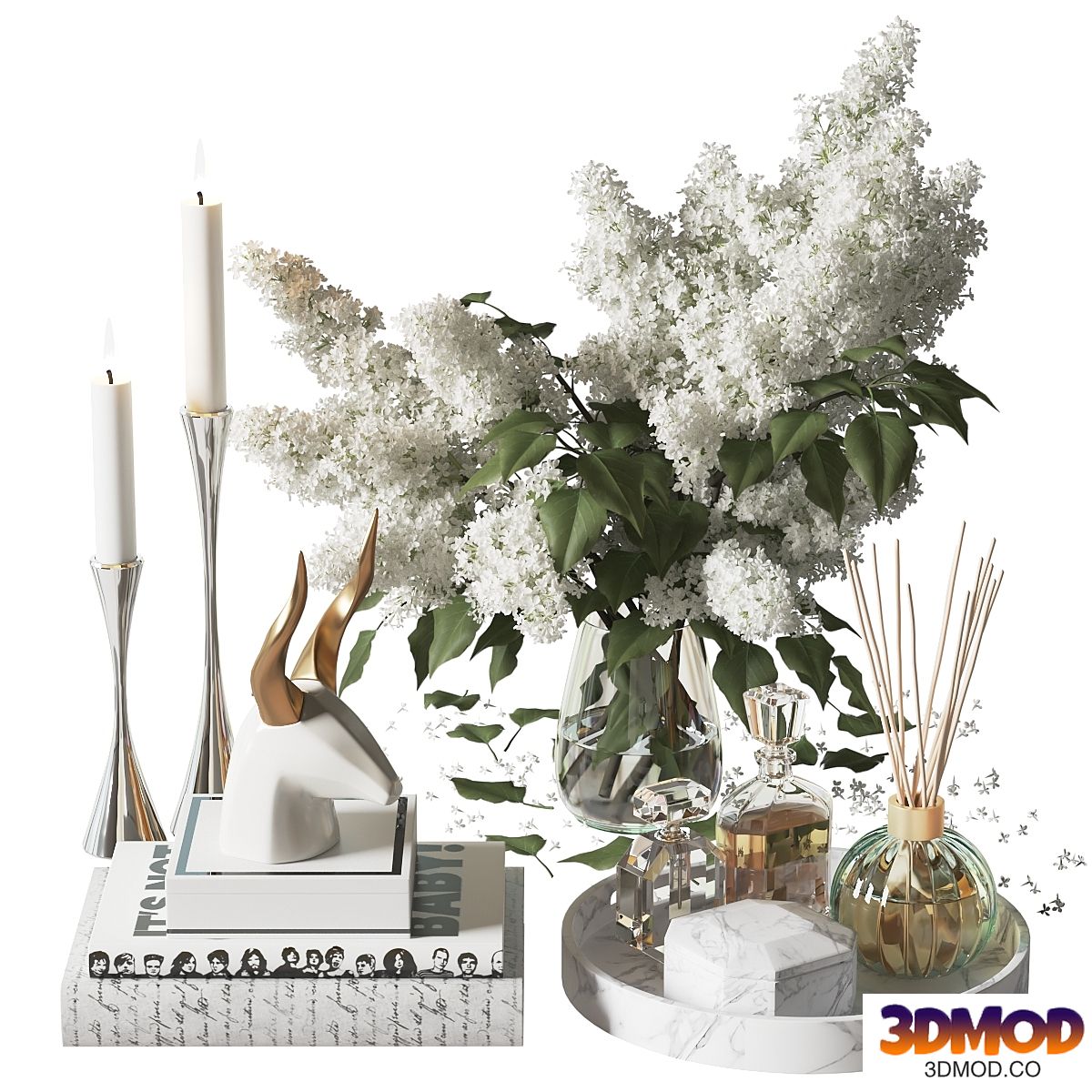 Decor with a bouquet of lilacs in a glass vase