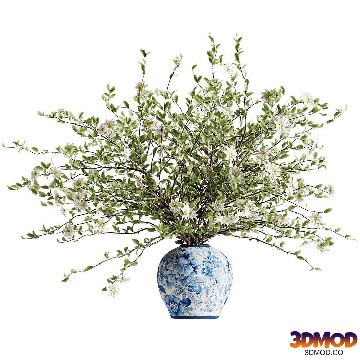 A bouquet of tree branches inserted into a celadon ceramic pot
