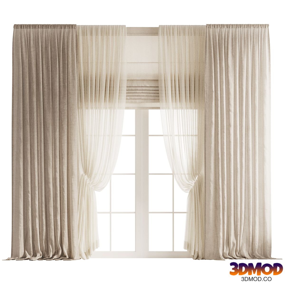 Draped Linen Curtains with Gathered Tulle and Roman Shade