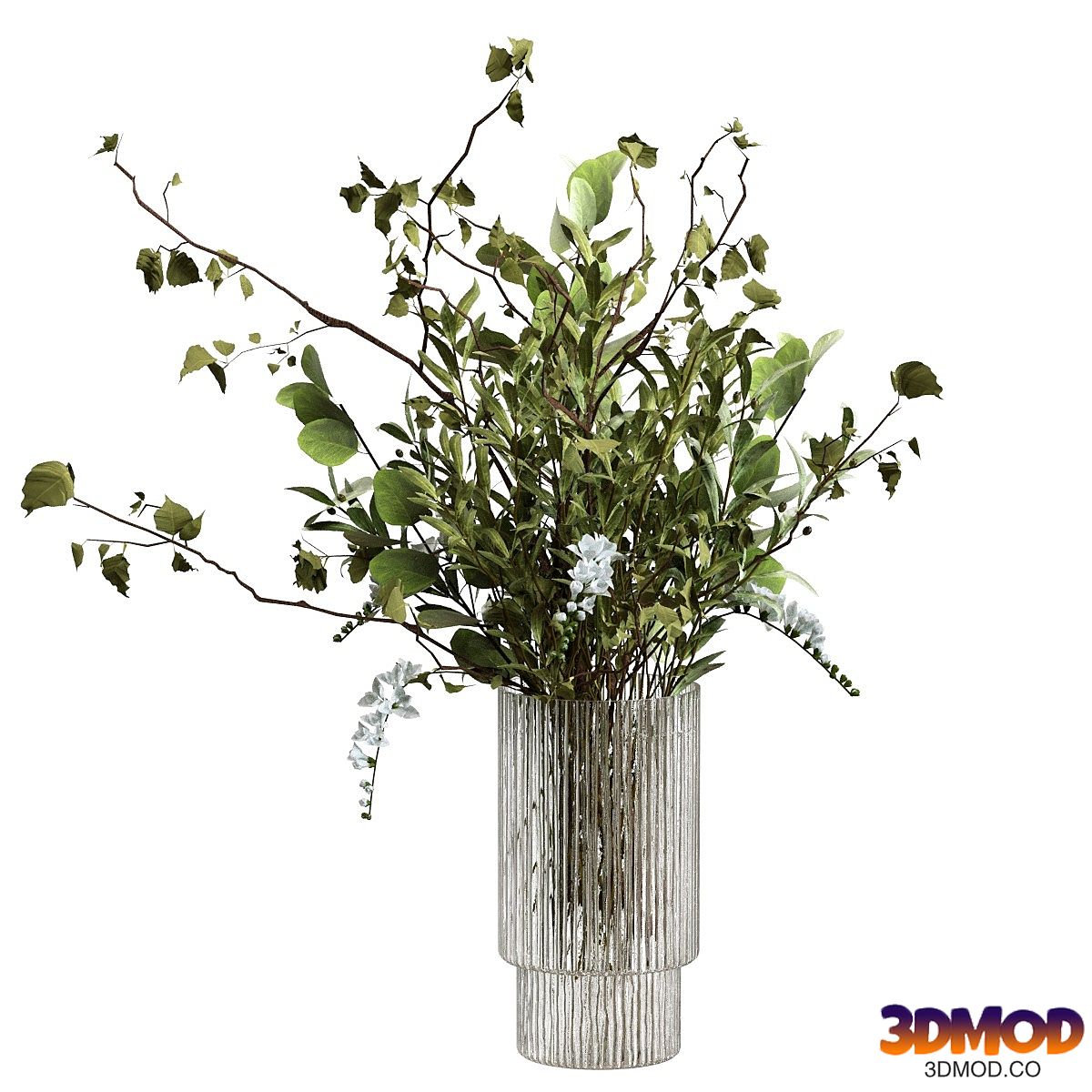 Bouquet of branches and flowers in a glass vase