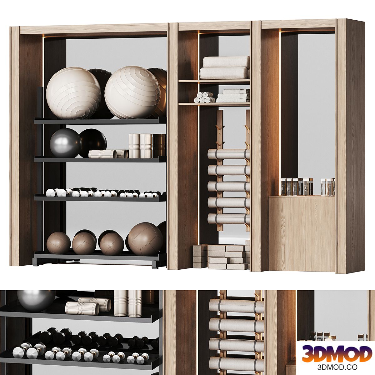 A wall with a rack for gym equipment