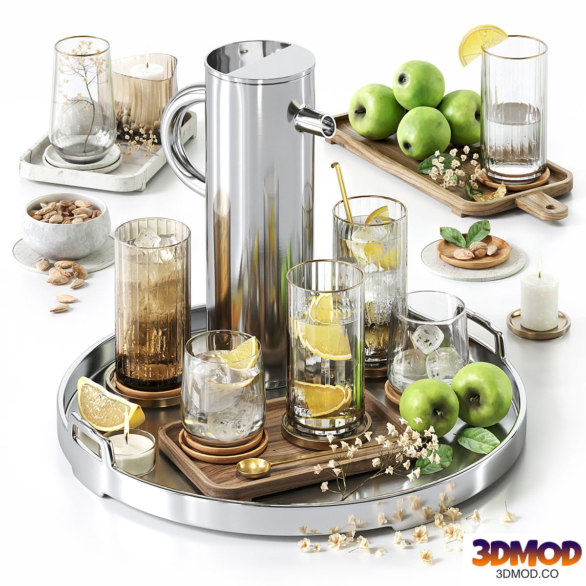 Decor on a tray with water and fruits stv003