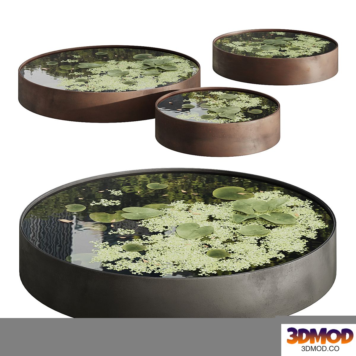 Garden ponds 02 black steel and corten steel round bowls