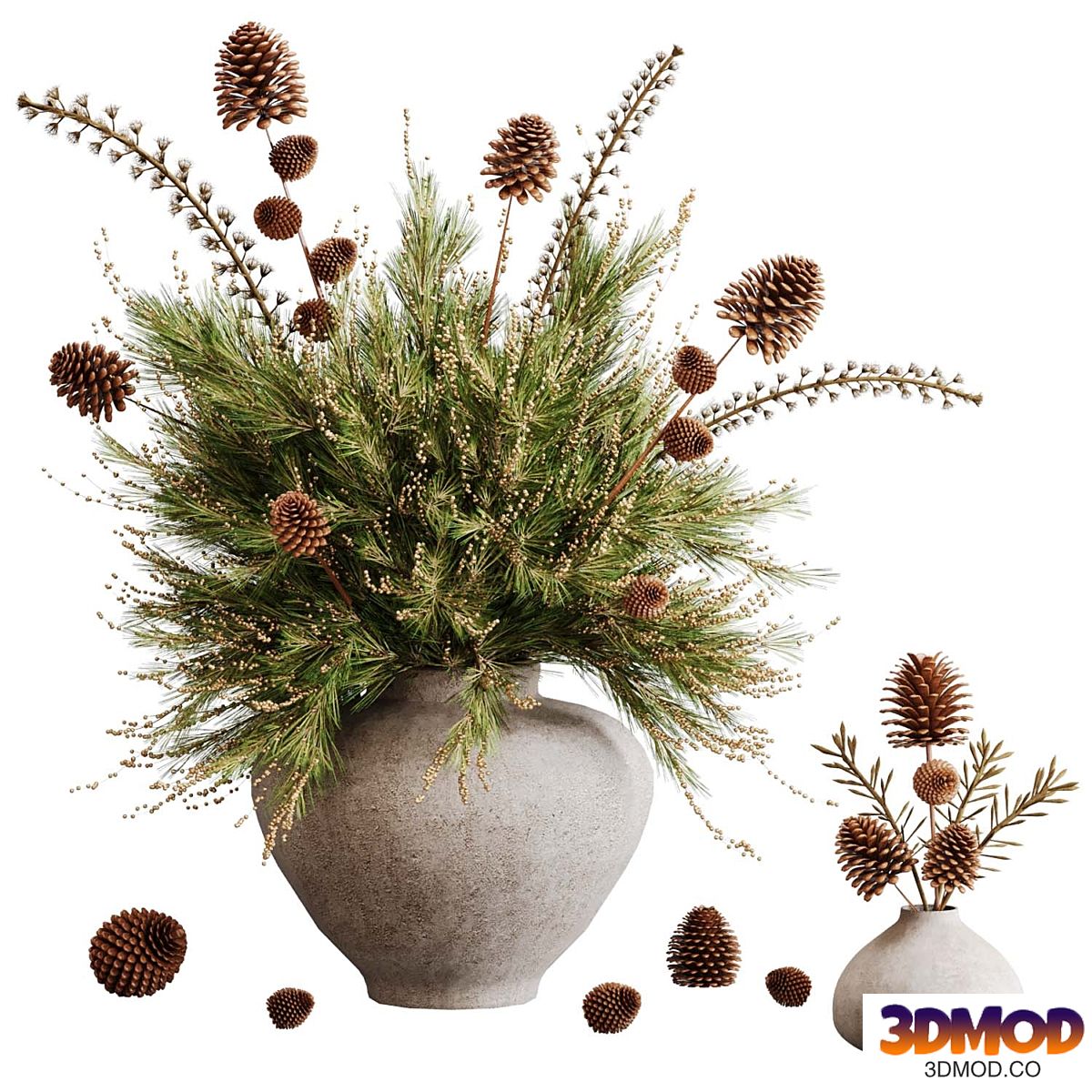 Pine branches in a rustic vase