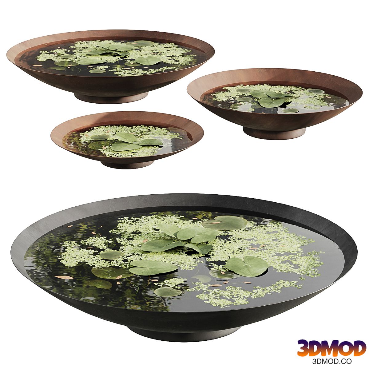 Garden ponds 01 black steel and corten steel bowls