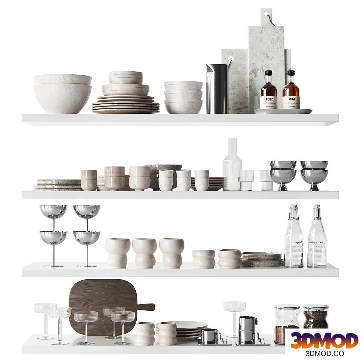 Tableware and kitchen utensils for shelves and cabinets