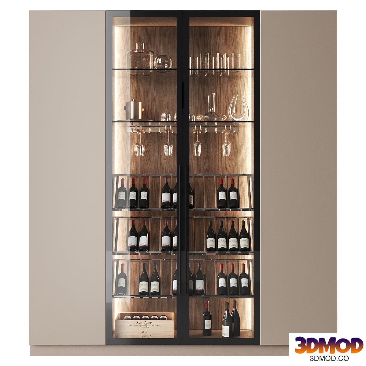Minimalistic cabinet with a showcase for wine and dishes