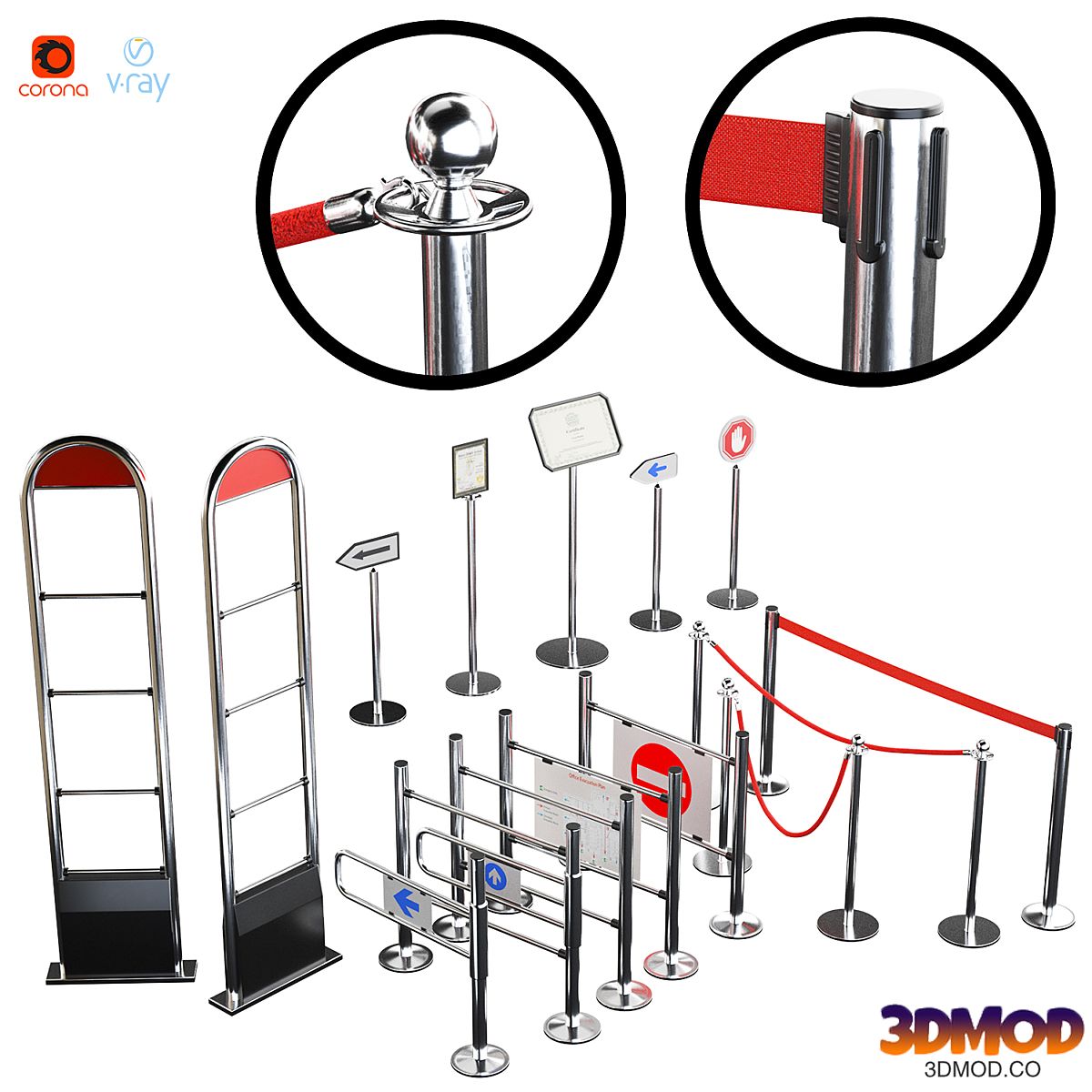 Entrance system, fencing turnstiles / Barriers fencing. Ropes and ribbon. Information plate sign. Crowd control