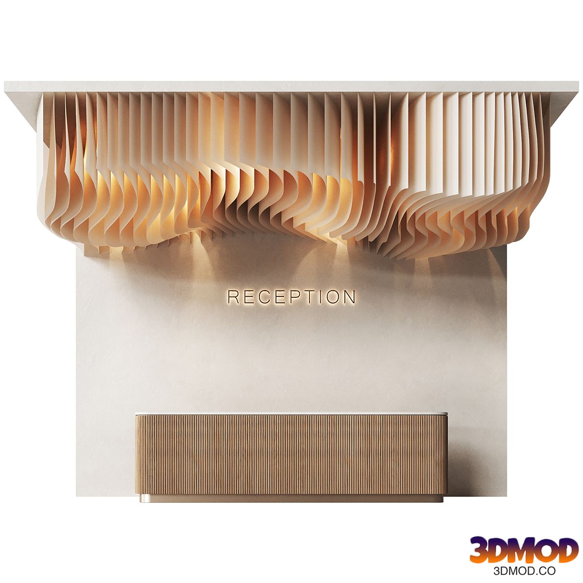 Reception desk is made of natural wood with a decorative ceiling