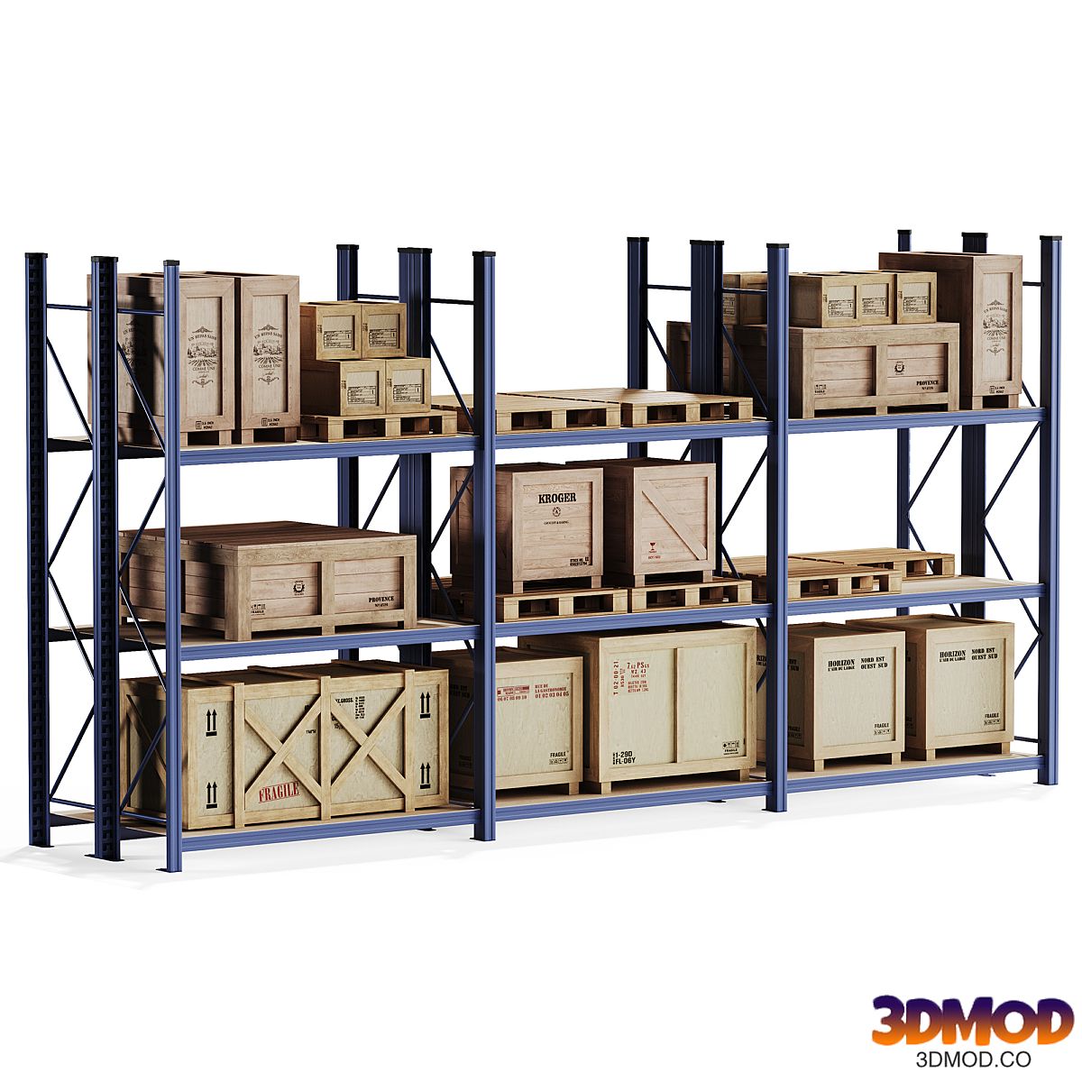 Storage rack with wooden crates