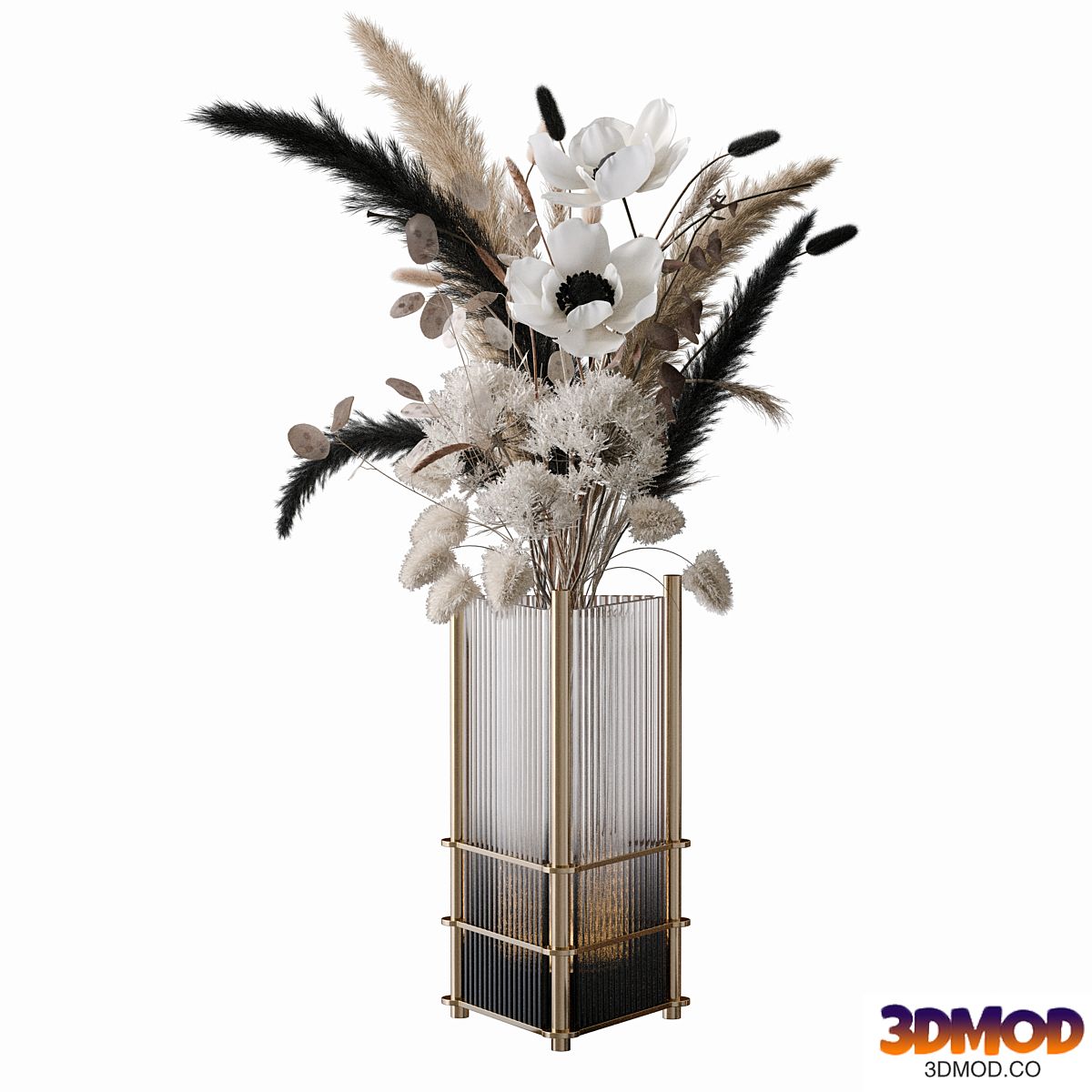 Bouquet of flowers and pampas in modern glass vase - set26