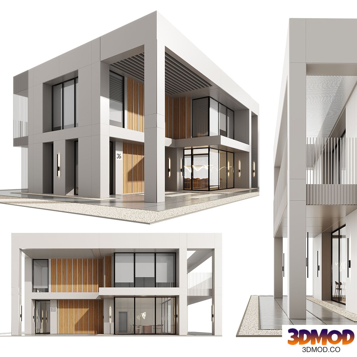 Modern Flat-Roof Two-Story House Building with Wood Slats and Glass Facade