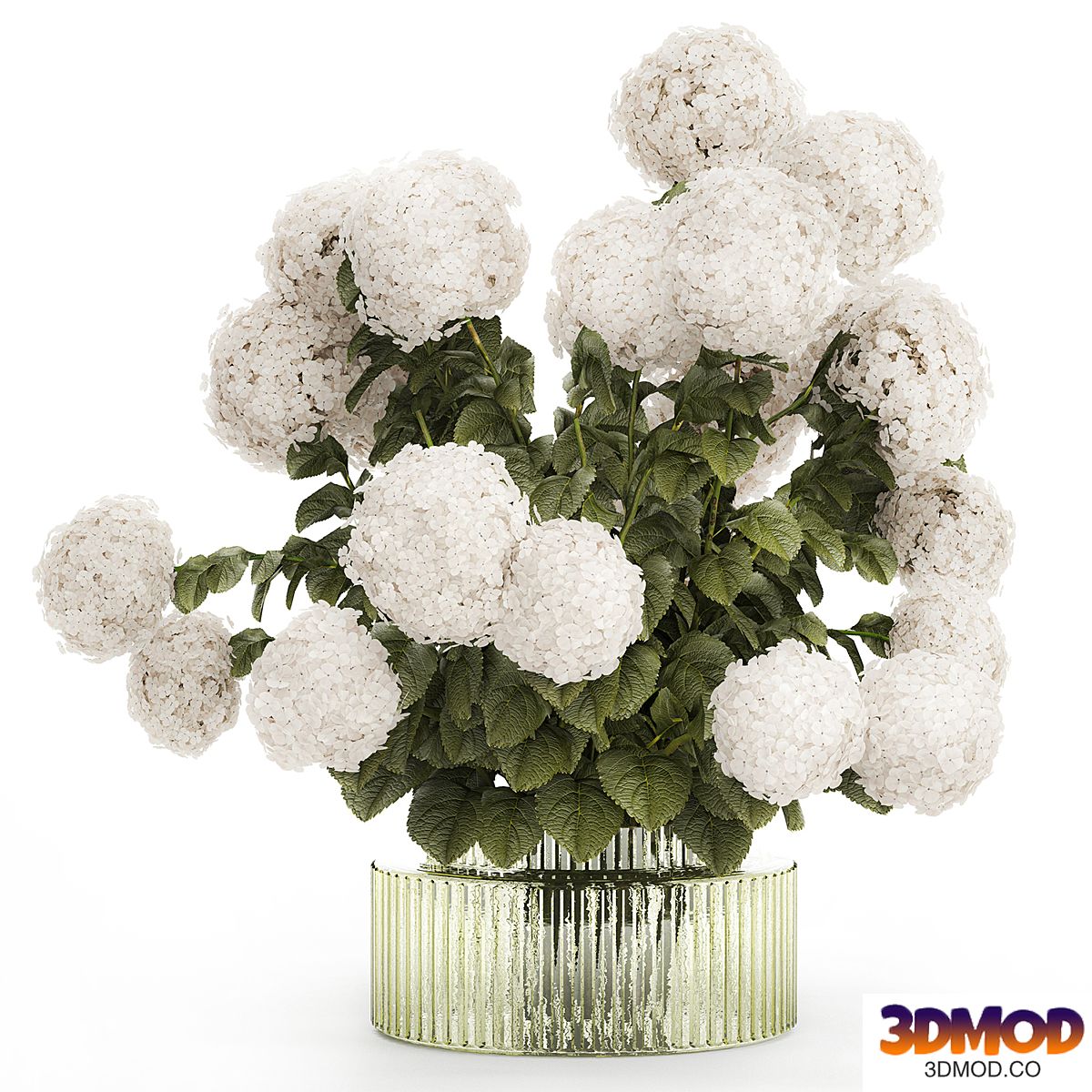 Large lush festive bouquet in a glass green vase with white hydrangea. Set 582.