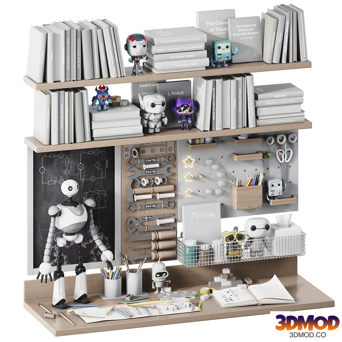 Toys, wall and desk decor in the desk for Robot lovers