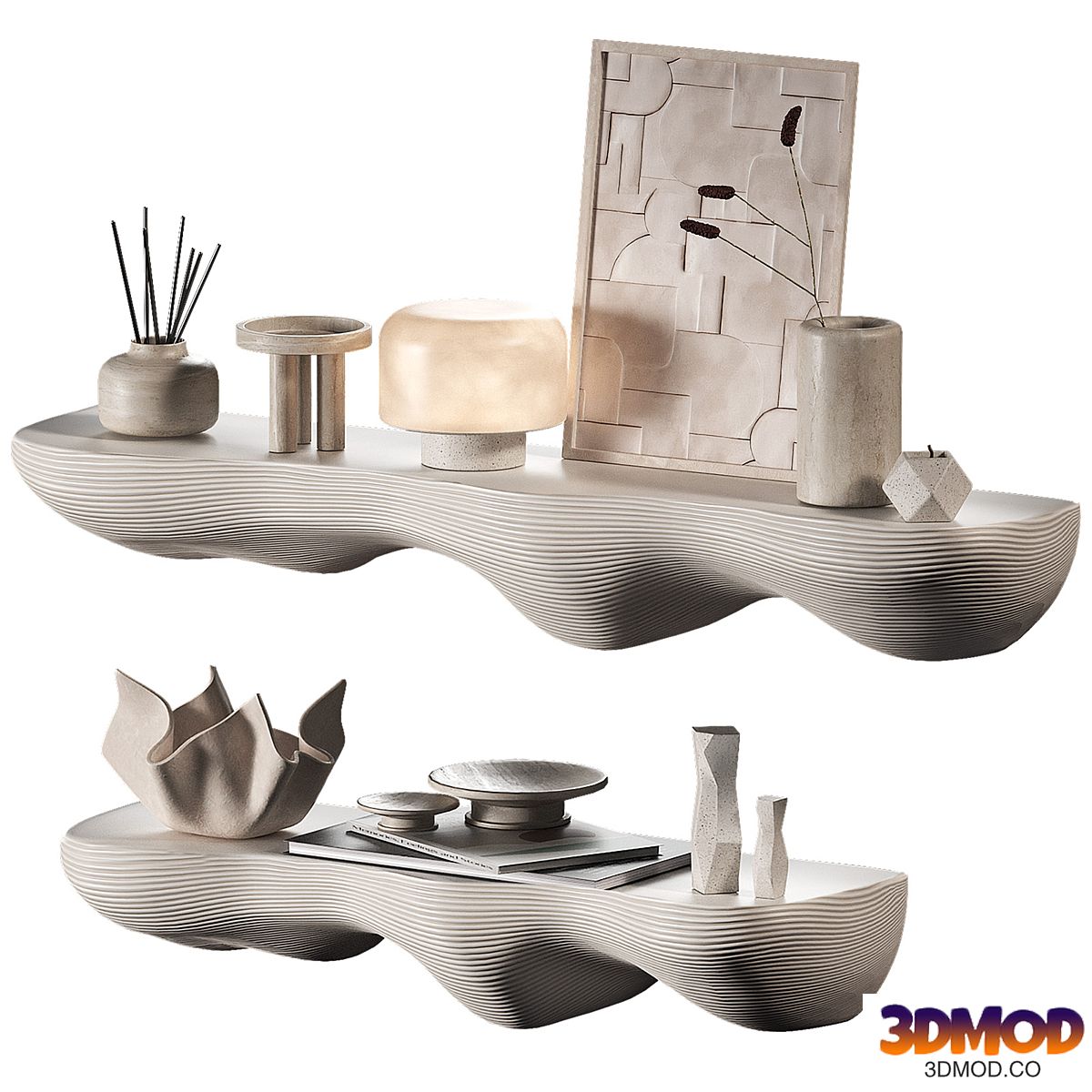 Decorative set 4. Decor on shelves with smooth relief shape.