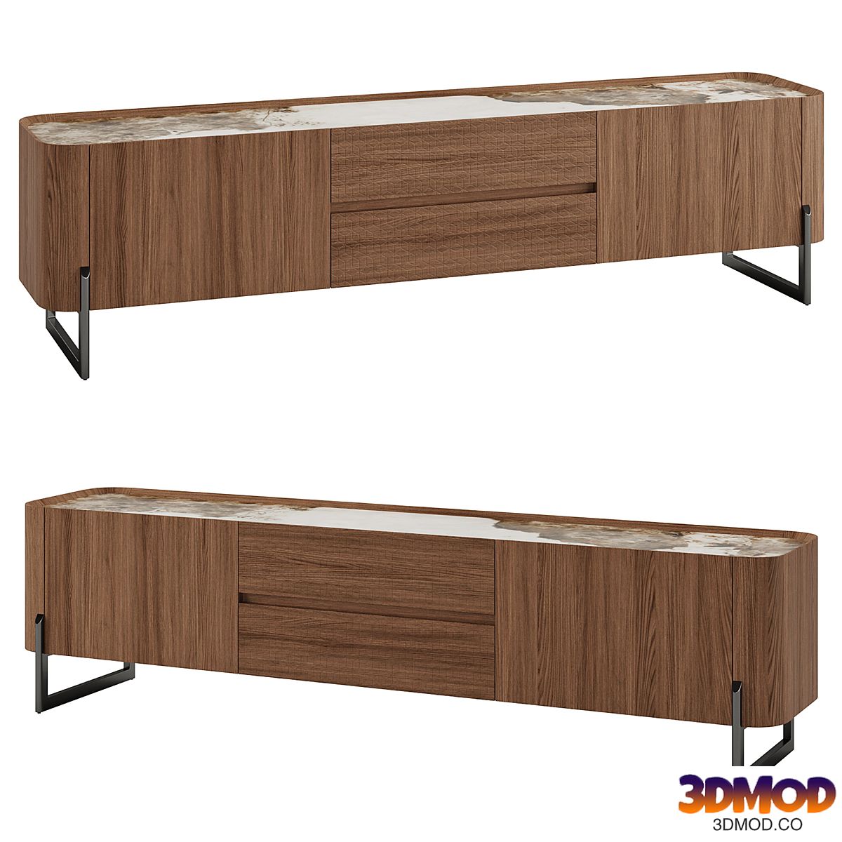 Walnut and dark metallised steel TV cabinet