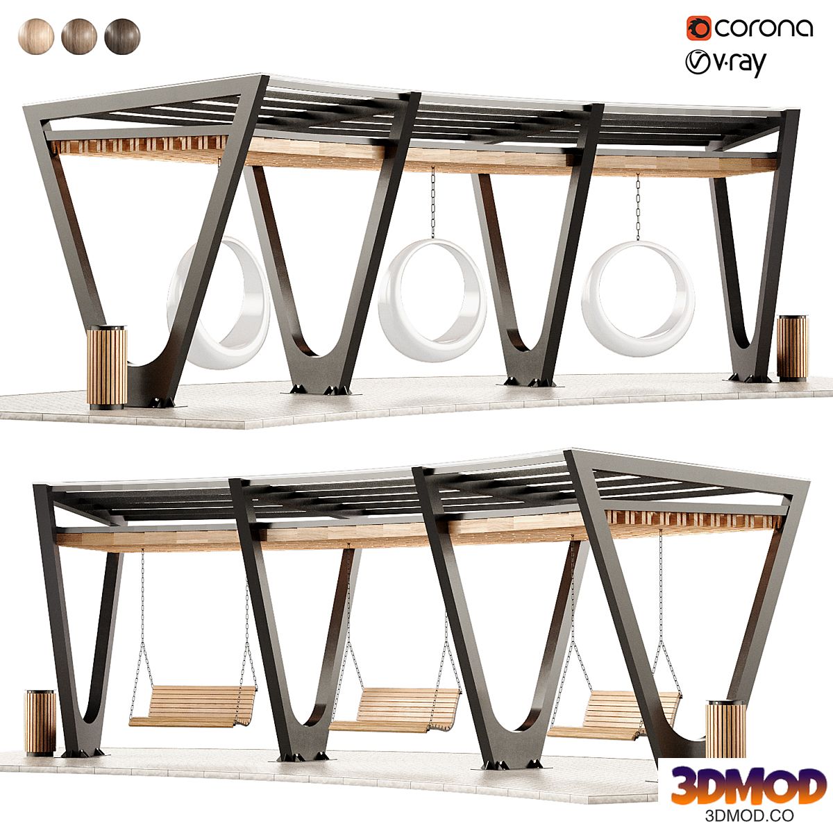 Pergola with swings, benches