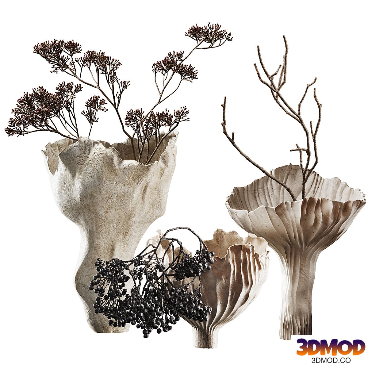 Vases with dried flowers, branches and berries