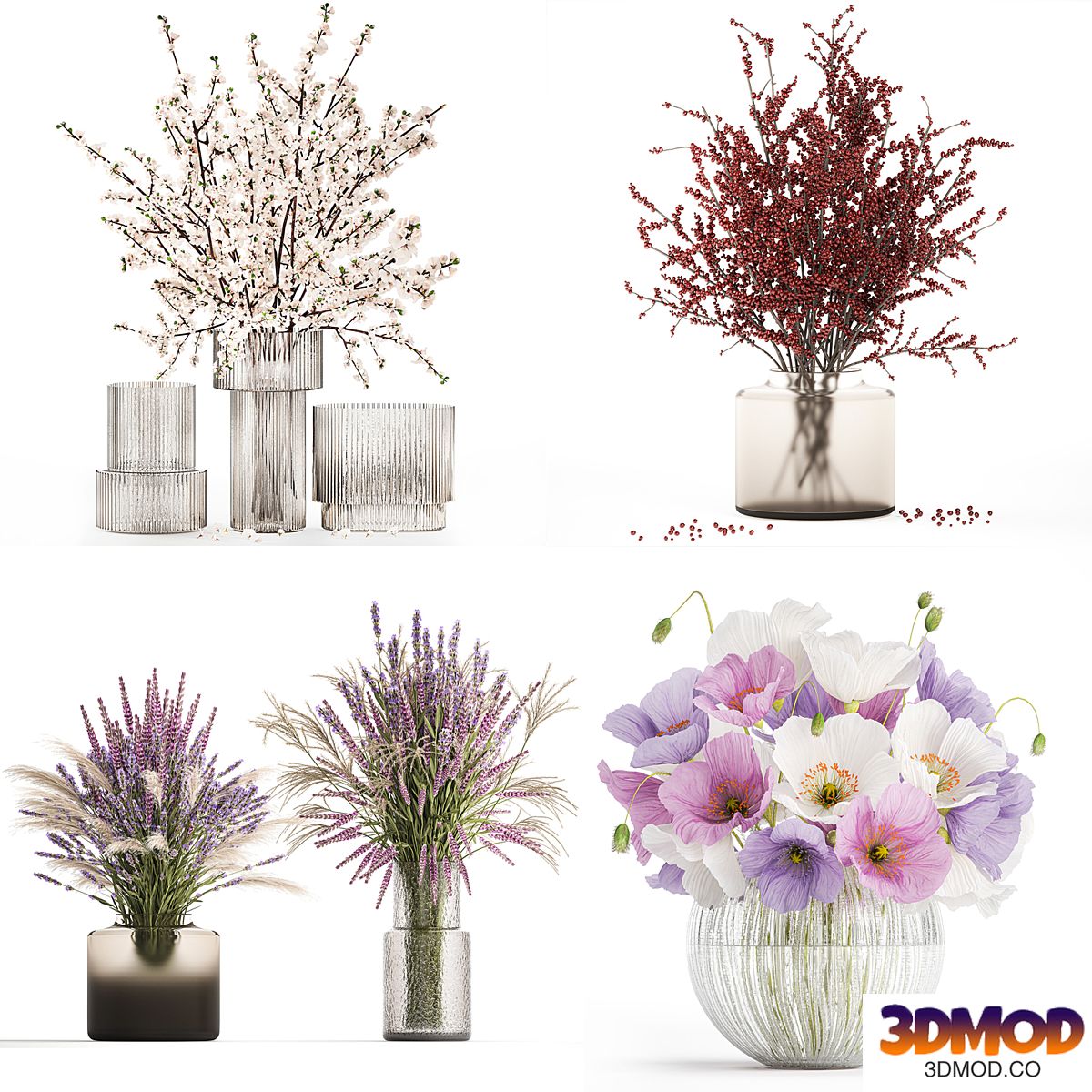 A collection of realistic five-piece bouquets of ilex, lavender, sakura, and poppy in modern vases. Set 624.