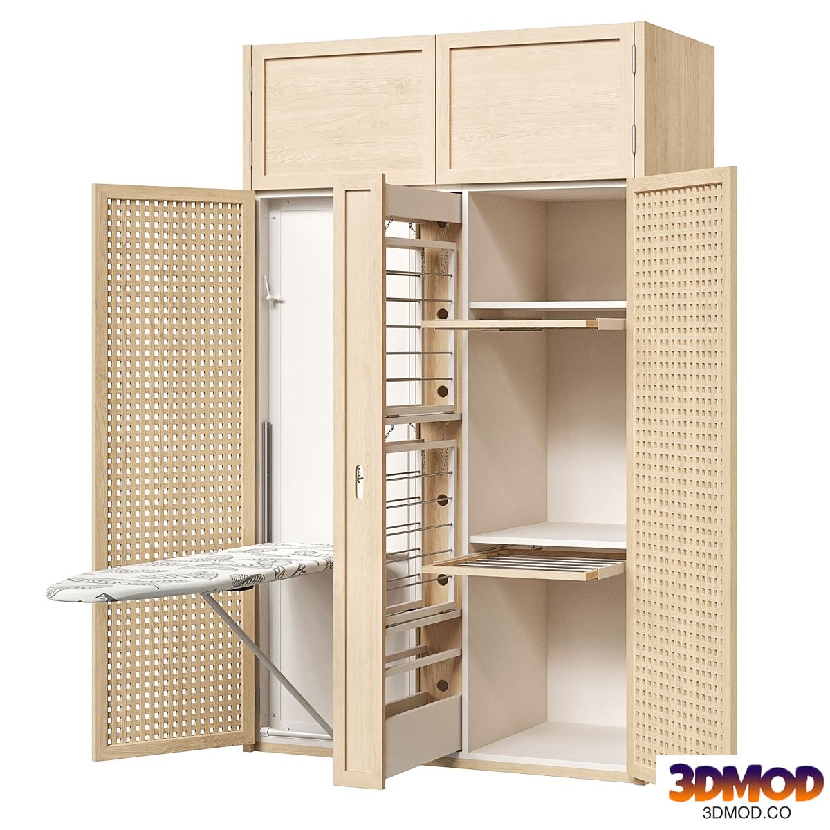 Laundry closet with built-in ironing board and dryer