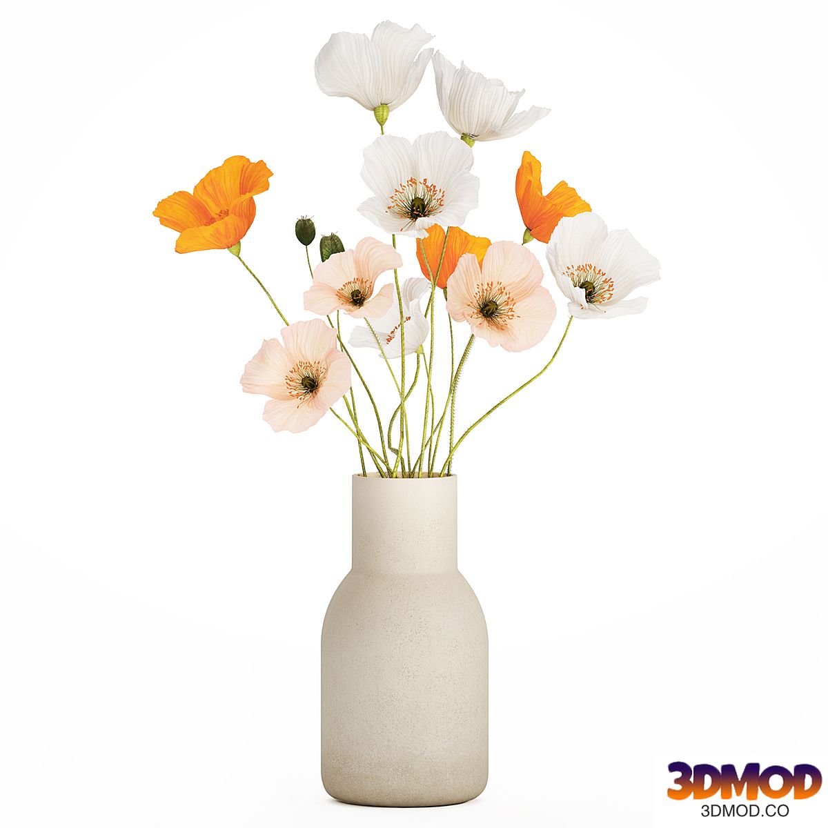 Floral summer bouquet with white Icelandic poppy in a ceramic vase. Set 558.