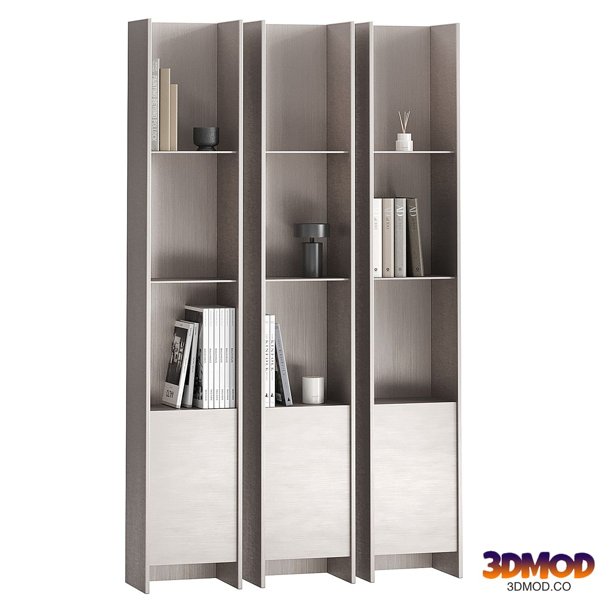 Vertical metal shelves with decor