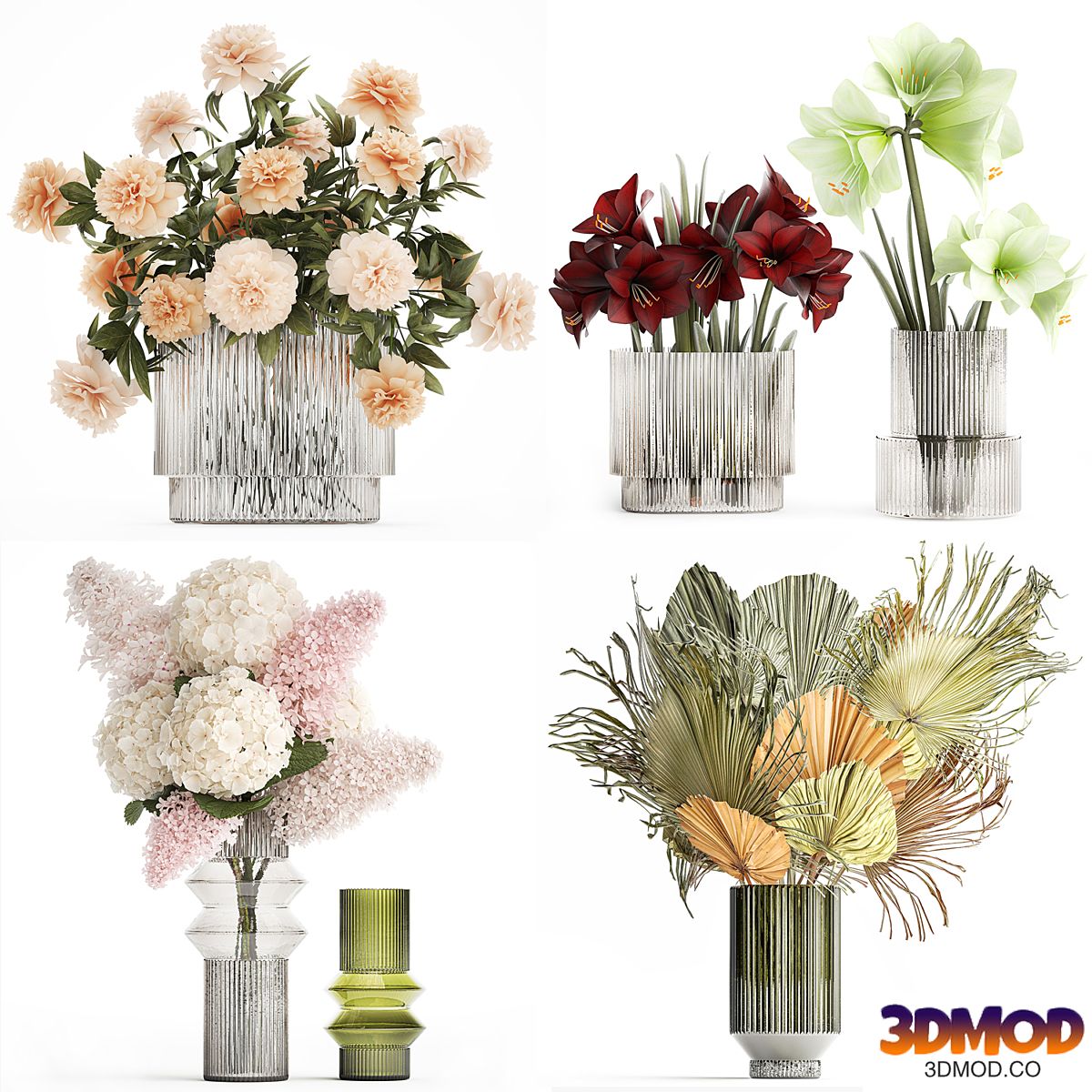 A collection of realistic five-piece bouquets featuring hydrangeas, peonies, dried flowers, and hippeastrum in modern vases. Set 631.