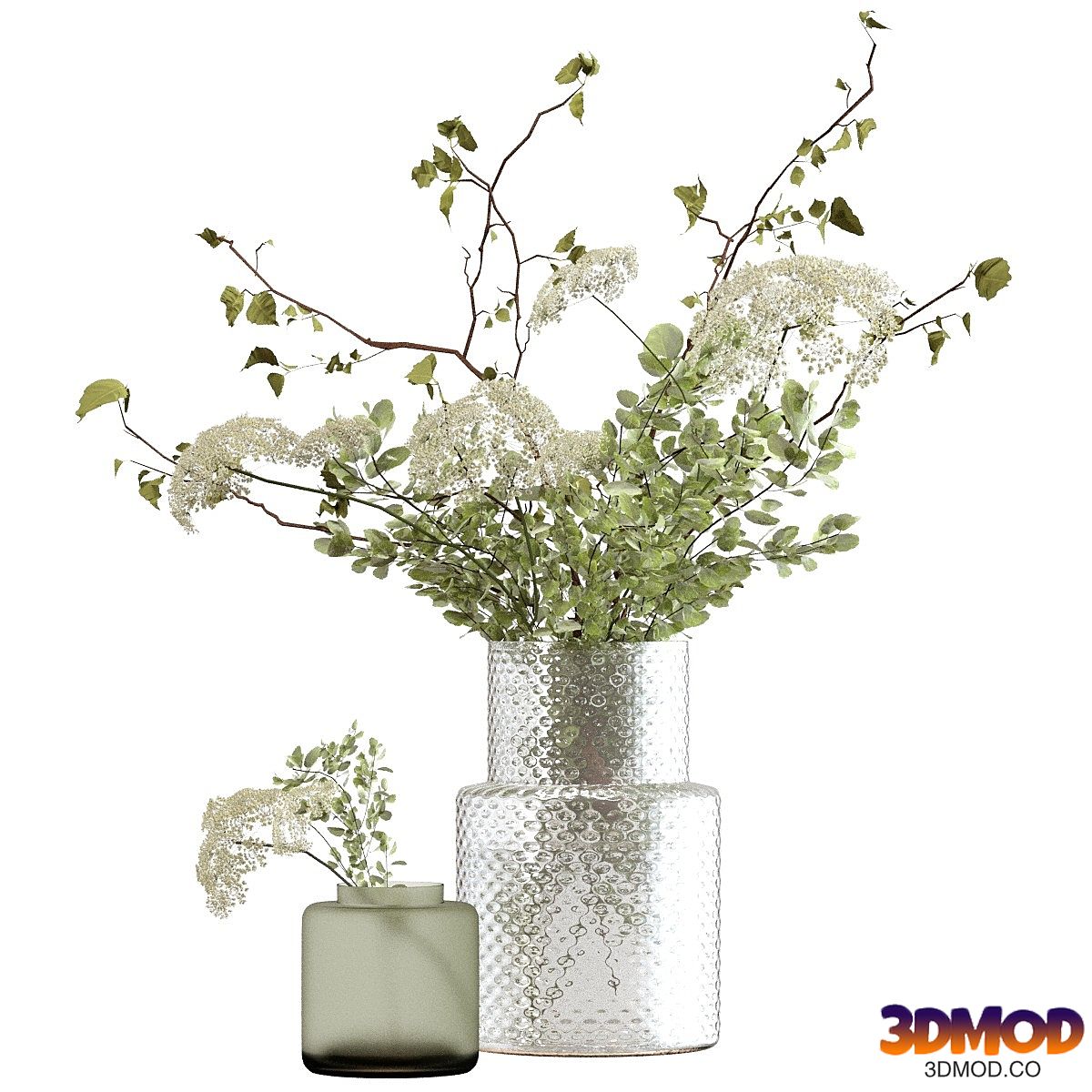 Bouquet of flowers in vases with gypsophila and branches